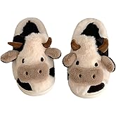 Eagerrich Cute Fuzzy Cow Slippers for Women - Winter Warm Cozy Animal Fluffy House Slippers