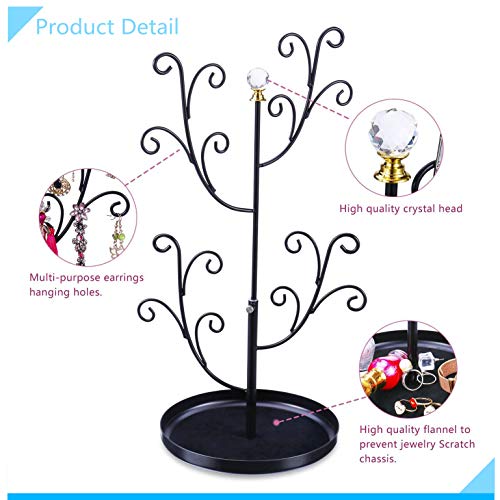 Keebofly Jewelry Organizer Tree Stand Earring Ring Organizer Display for Lover or Friend, Necklace Holder with Adjustable Ideal for Birthday Gift or Any Activities - Black