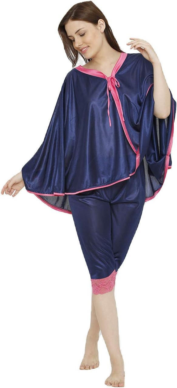 Pretty Awesome Womens Satin Top & Pyjama Set/Kaftan Sleeves Nightdress/Top & Capri Set/Stylish & Fancy Flair Night Dress/Night Suit