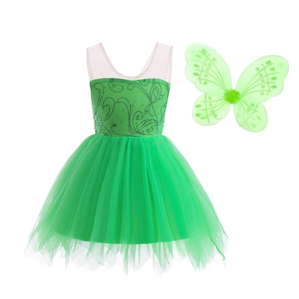 Lito Angels Tinkerbell Fancy Dress Up Costume Green Fairy Outfits with Butterfly Wings for Kids Girls Age 5-6 Years