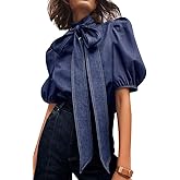 oshoplive Women's Short Puff Sleeve Bow Tie Neck Denim Shirt Button Down Casual Office Work Blouse Tops
