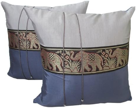 Honest Bee Presents. One Pair Green Big Elephant Stripe Throw Cushion Cover/Pillow Case Thai Silk for Decorative Sofa, Car and Living Room Size 16 X 16 Inches