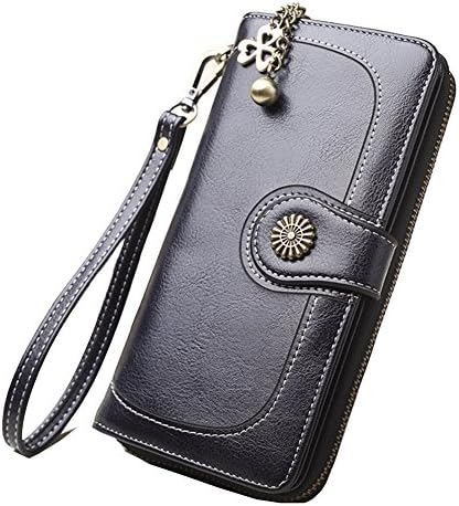Women's RFID Blocking Large Capacity Leather Clutch Wallet with Wrist Strap