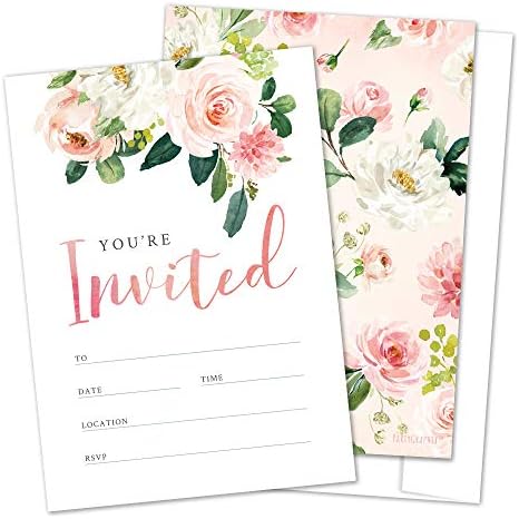 Floral Fill-in Invitations with Envelopes, Perfect for Bridal Shower, Baby Shower, Wedding, Rehearsal Dinner, Birthday Party, Anniversary Party (25 Pack)