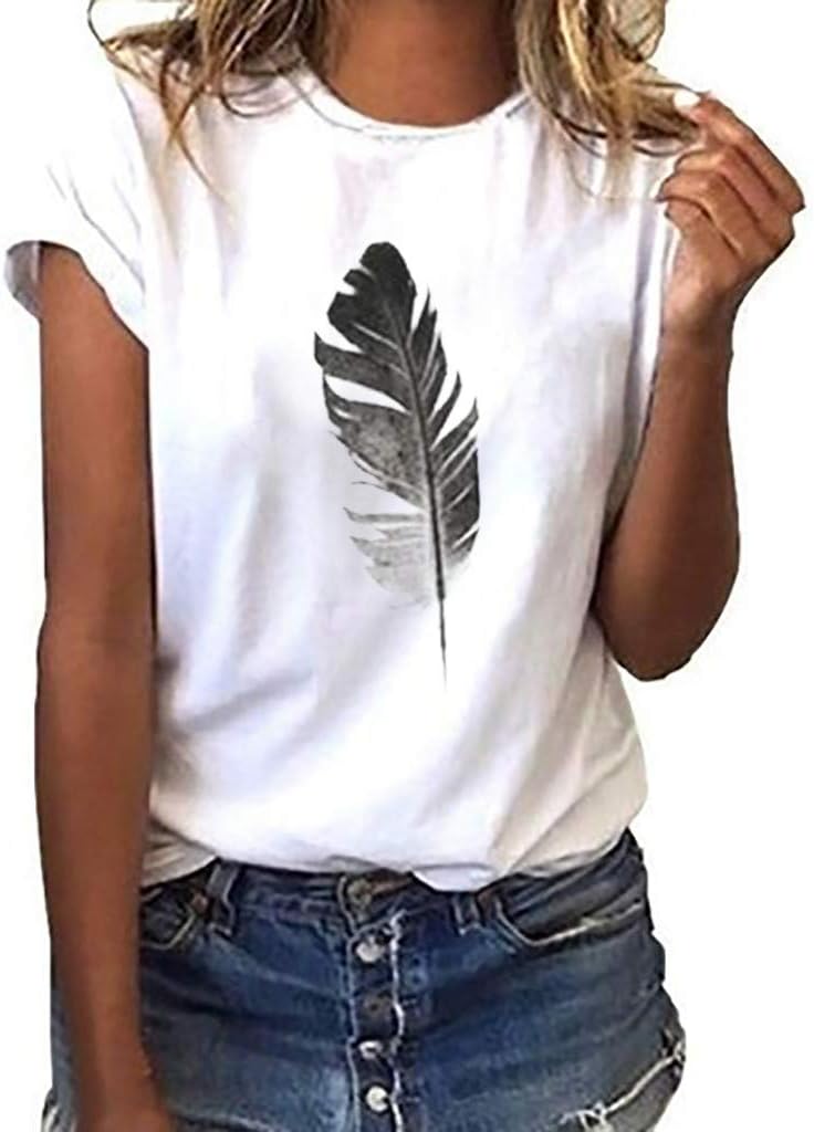 Fashion Women's Casual T-Shirt Loose Short-Sleeved Leaf Print O-Neck Top