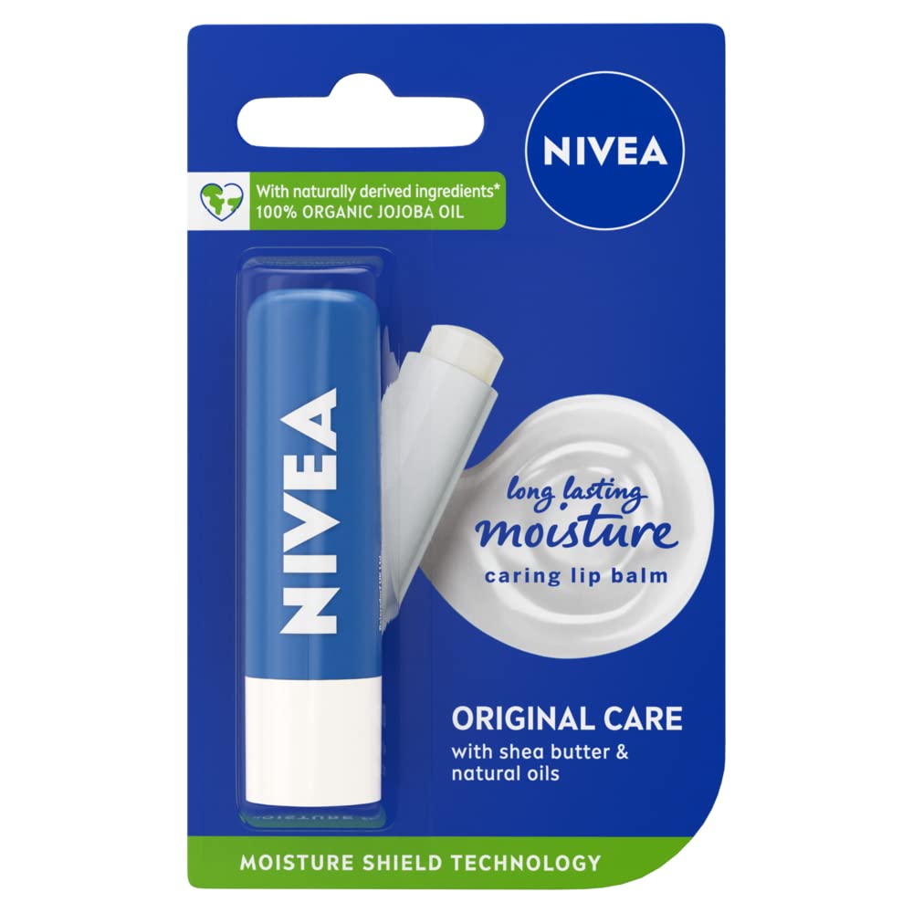 NIVEA Lip Balm Original Care (4.8g) Protective Lip Moisturiser with Shea Butter and Natural Oils, Caring Lip Balm for 24h Moisture Care, Melt-In Lip Care