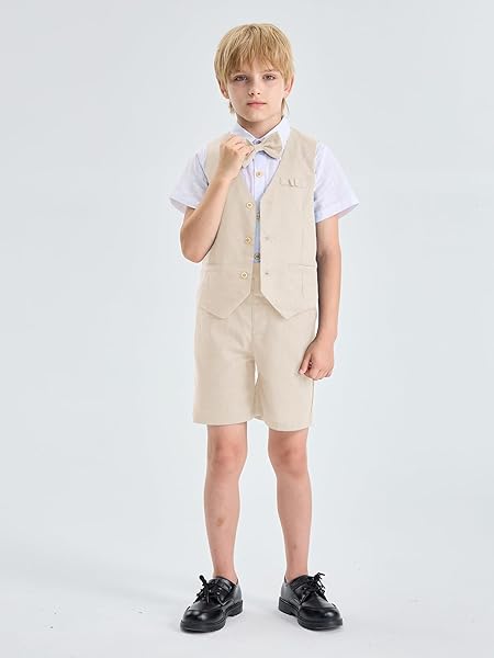 LOLANTA BOYS LINEN SUIT 4 PIECE SUMMER GENTLEMAN OUTFIT KIDS DRESS VEST SHIRT SHORTS SET FOR WEDDING GRADUATION(BEIGE,10-11)
