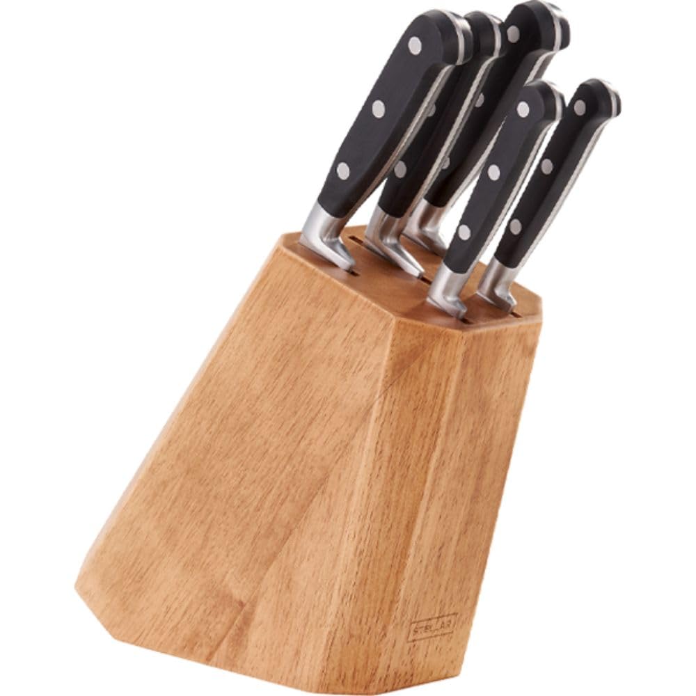 Stellar Classic Pine Knife Block with 5 Knives, Stainless Steel Razor Sharp Blades, Paring + Utility + Carving + Bread + Cooks Knife