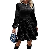 Sumleno Women's Velvet Cocktail Dress Fall Winter Long Sleeve High Waist A-Line Flowy Homecoming Mini Short Party Dress