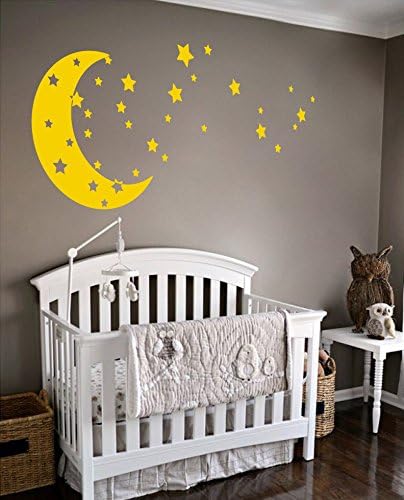Moon and Stars Night Sky Vinyl Wall Art Decal Sticker Design for Nursery Room DIY Mural Decoration (Light Yellow, 30x65 inches)