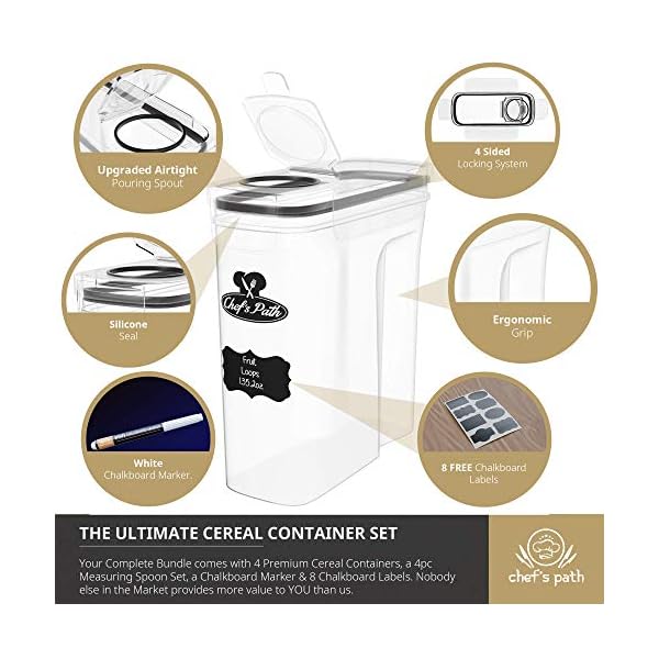 Cereal-Container-Storage-Set-Airtight-Food-Storage-Containers-8-Labels-Spoon-Set-Pen-Great-for-Flour-BPA-Free-Dispenser-Keepers-4L-Chefs-Path Chef's Path Cereal Storage Containers (4L, Set of 3) - Plastic Airtight Food Storage Containers with Lids, Labels, Spoon…