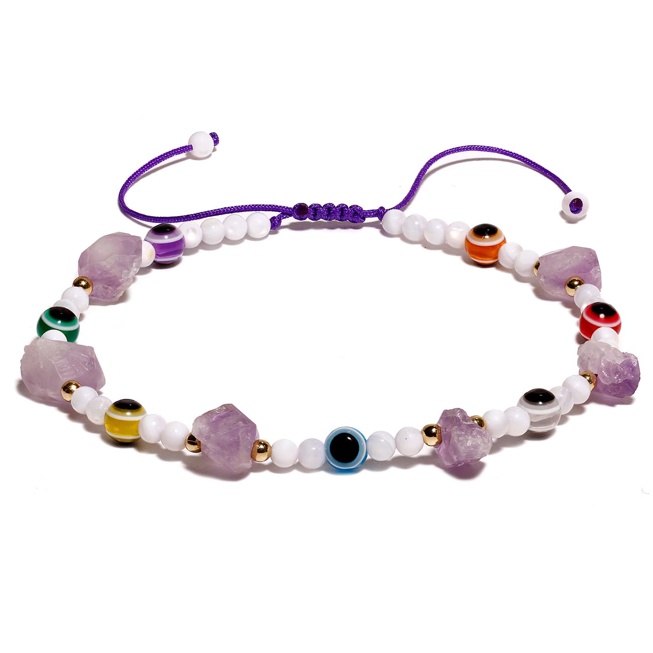 XHUUU 7 Chakra Evil Eye Charms Beaded Anklet Protection Beach Shell Jewelry Raw Amethyst Stones and Crystals Ankle Bracelets for Women Reiki Foot Chain