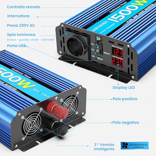 1500 W/3000 W Inverter 12 V 220 V Pure Wave Power Inverter 12 V 220 V/230 V Power Transformer – Remote Control & USB & EU Socket for Car Camper Boat