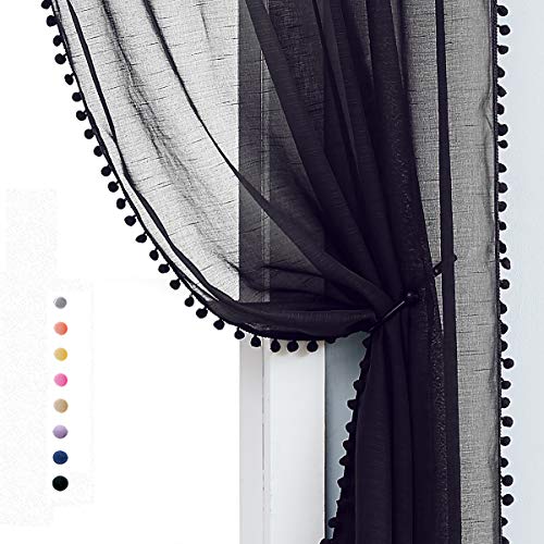 Treatmentex Pom-pom Sheer Black Curtains for Living Room 84 inches Length Modern Window Curtain Panels for Kids Room Drapes 1 Pair Rod Pocket — image 1