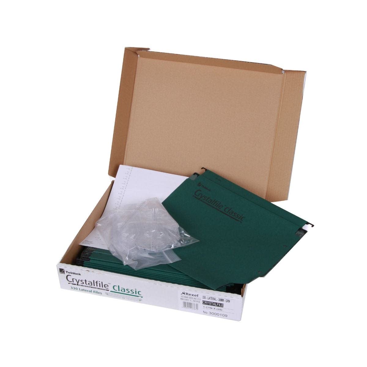 Rexel 330 Lateral Hanging Files with Tabs and Inserts, 30 mm base, 100 Percent Recycled Manilla, Green, Crystalfile Classic, Pack of 25, 3000109