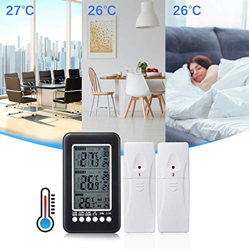 GEMITTO Thermometer Digitale mit 2 zusätzlichen Sensoren, Alarmfunktion Innen- und Außentemperaturanzeige mit MIN/MAX Records für Raumklimakontrolle Raumluftüerwachtung