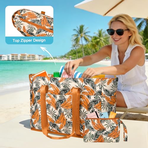LUROON Large XXL Family Beach Bag with Zip, Waterproof, Women's Beach Bag, Foldable, Shopper, Beach Bag for Travel, Shopping, 50 x 35 x 20 cm, orange