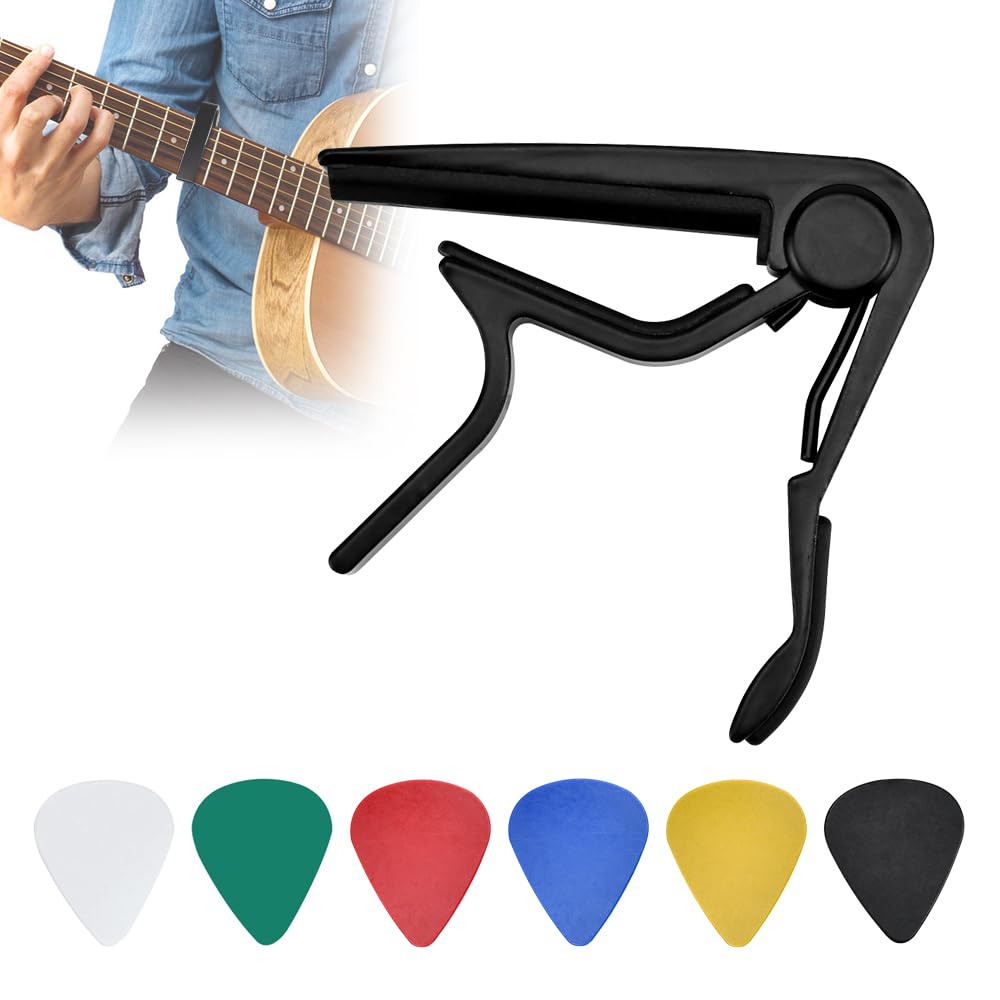 VCRANONR Guitar Capo for Acoustic and Electric Guitar Quick Release Capotastos Aluminum Alloy Capo Guitars Clip Quick-Change Capoes Clamp with 6 Picks for Guitars Ukulele Bass Banjo (Black)