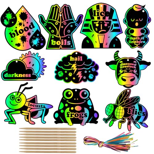 Qpout 30 Packs Passover Scratch Paper Art,10 Styles Plague Magic Rainbow Scratch Off Cards Hanging Ornaments Craft for Passover Party Favors Costume Accessories Home Activity Art Project