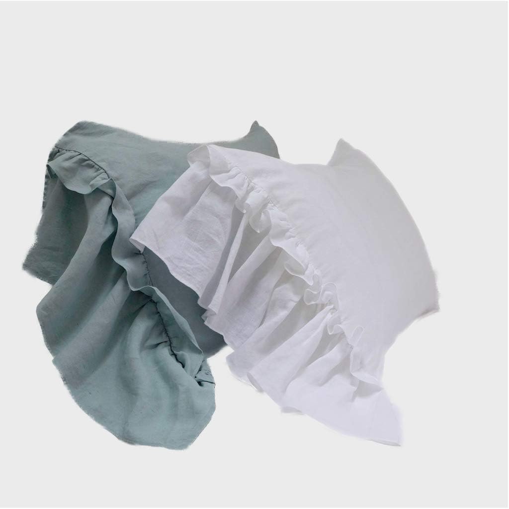 Linen Pillowcase Pillow Covers with a Mermaid Ruffle Queen Standard Size Farmhouse Shabby Chic Bedding WHITE