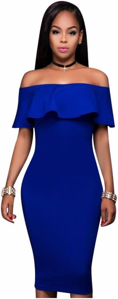 Women Sexy Off The Shoulder Ruffle Slim Fit Bodycon Cocktail Party Midi Dress