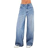 Rosegalette Womens Wide Leg Baggy Jeans Boyfriend Low Rise Jeans Casual Straight Leg Denim Pants with Pockets