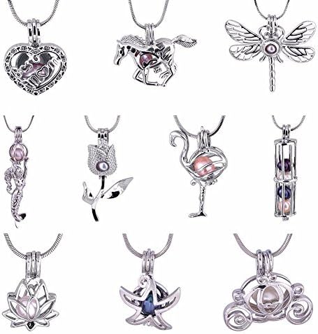 10pcs Pearl Bead Cage Pendant Locket Bulk with Chain, DIY Necklace Earring Jewelry Making Charm, Essential Oil Scent Diffuser Rock Locket Pendant Mix Style