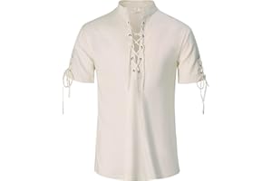 IWQBQ Mens Renaissance Shirt Pirate Medieval Viking Steampunk Top Lace Up V Neck Linen Short Sleeve Halloween Costume