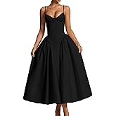 Memoriesea Women's Elegant V Neck Spaghetti Strap A Line Ruched Wedding Party Midi Dress