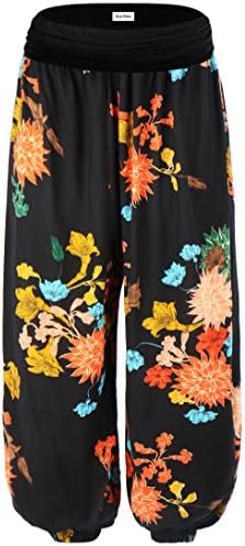 KorMei Women's Floral Print Elastic Waist Casual Harem Pants Medium Black&amp;Orange