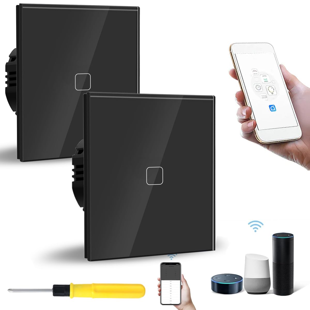 Acmerota WiFi Smart Light Switch - Touch Panel 1 Gang 1 Way Black Glass, Pack of 2, Compatible with Alexa & Google Home Voice/App Control