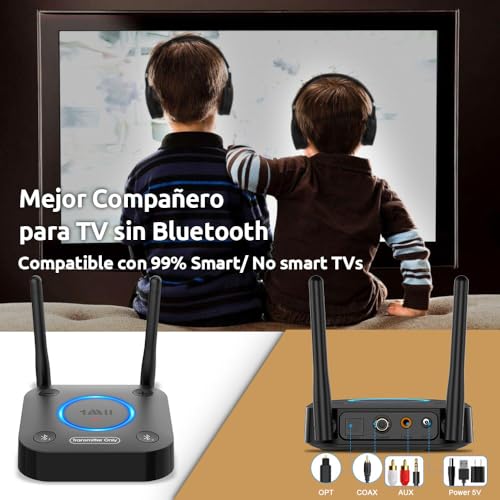 1Mii Transmisor Bluetooth 5.3 para TV a 2 Auriculares Bluetooth, Adaptador Audio Bluetooth TV con Control de Volumen, Entrada Óptica, Coaxial, Aux, RCA, aptx Baja Latencia, Largo Alcance