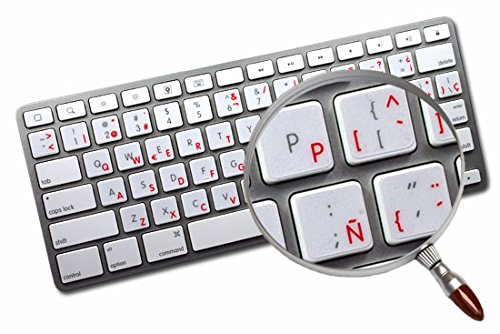 SPANISH APPLE KEYBOARD DECALS WITH BLUE, RED, ORANGE OR WHITE LETTERING ON TRANSPARENT BACKGROUND FOR DESKTOP, LAPTOP AND NOTEBOOK (Red)