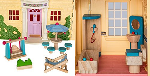 Dragon Drew Wooden Dollhouse Furniture and Family Bundle: Including 1 Doll Family with Dog, 1 Patio Set and 1 Bathroom Set - Colorful Dollhouse Accessories Set - (20 PCS)