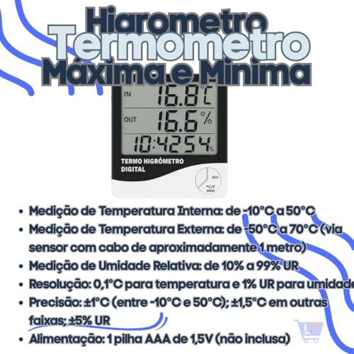 Termômetro Higrômetro Digital Alta Precisão, Medidor de Temperatura e Umidade do Ar Memória Máx/Mín Relógio Integrado Display LCD Fácil Leitura para Casa Freezer Aquário Chocadeira e Geladeira Premium