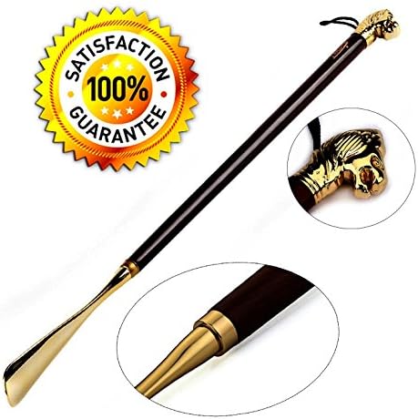 23"- Long Exquisite High-grade Brass Mahogany lion Head Handle Shoehorn - NEW Elegant Modern Stylish Longhandled Mahogany and Brass Lion's Head Golden Shoe horn For Men,Women,Kids, Elderly, Seniors,.