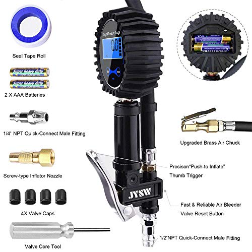 JYSW Digital Tire Inflator with Pressure Gauge, 200PSI Heavy Duty Air Chuck and Compressor Accessories with Rubber Hose and Quick Connect Plug for Auto, Truck, Bike, Motorcycle, Backlit 0.1 Accuracy