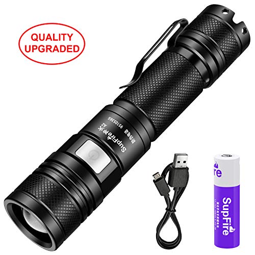 SupFire Zoomable Flashlight, Tactical Flashlight 950 High Lumens Cree Led with Rechargeable 18650 Battery and USB Torch Flashlight 5 Modes for Camping Cycling Night Jogging