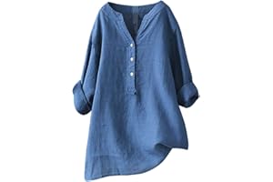 CHUOAND Women's Solid Color Loose Plus Size Long Cotton Linen Texture Dress Shirt Womens Loose Fit T Shirts