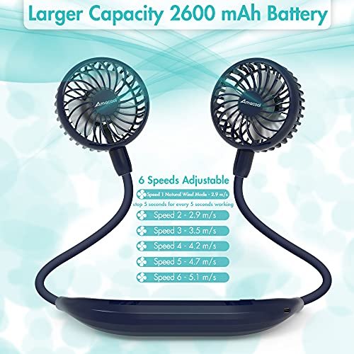 AMACOOL Neck Fan 2600mah Battery Operated Neckband Fan 6Speed Hand