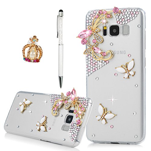 YOKIRIN Galaxy S8 Case,Luxury 3D Effect Shiny Butterfly Clear Hard Plastic PC Shell with Sparkle Rhinestone Diamonds Full Edge Protective Cover for Samsung Galaxy S8 with Dust Plug & Stylus Pen