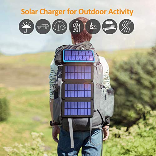 Solar Power Bank 25000mAh High Capacity USB External Battery Pack Backup Battery Power Pack with 4 Foldable Solar Charging Panels, Dual 2.1A Output Ports, Flashlight for iPhone Android Cellphones