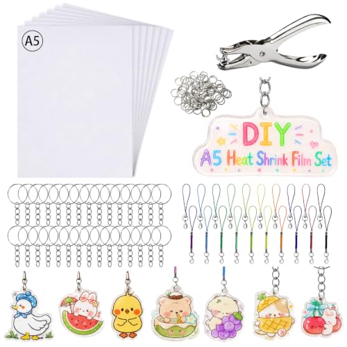 Lurkapes 171 Pieces A5 Plastic Magic Kit, Plastic Thermotractile Magic Paper, Punch, Keychains, Carabiners for Mobile and Small Open Metal Rings, Creative DIY Crafts