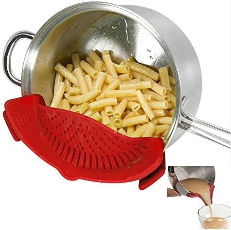 Clip-on kitchen food strainer for spaghetti, pasta, ground beef grease and more, colander and sieve snaps on bowls, pots and pans, Set includes Silicone diversion nozzle (Red)