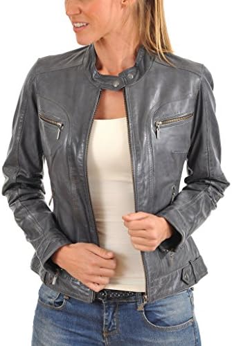 Prim leather Women's Lambskin Leather Bomber Biker Jacket Small Gray