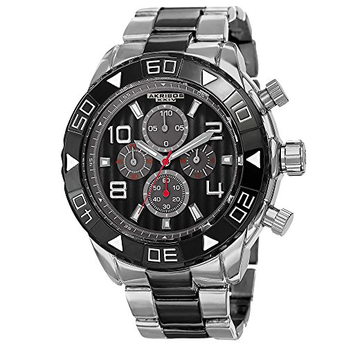 Akribos XXIV Extremis Mens Casual Watch - Engraved Vertical Lines Dial - Chronograph Quartz - Alloy Strap - Black Silver