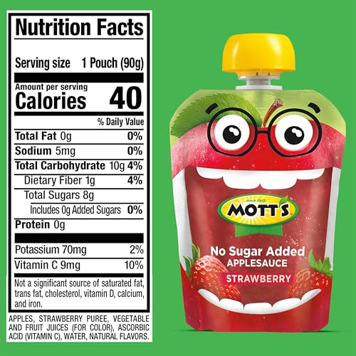 MOTT’S NO SUGAR ADDED STRAWBERRY APPLESAUCE, 3.2 OZ CLEAR POUCHES, 12 COUNT