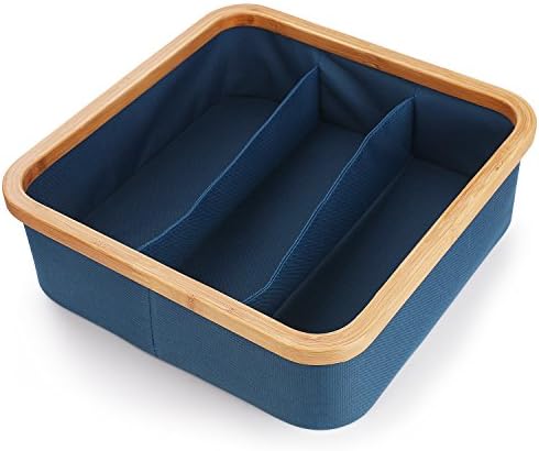Ancona life 5 Year Warranty Blue Storage Container Basket (Bamboo Material), Durable Canvas Cloth Drawer Box Closet Organizer, Large Cube Basket Bins Divider for Bra, Shoes, Towel