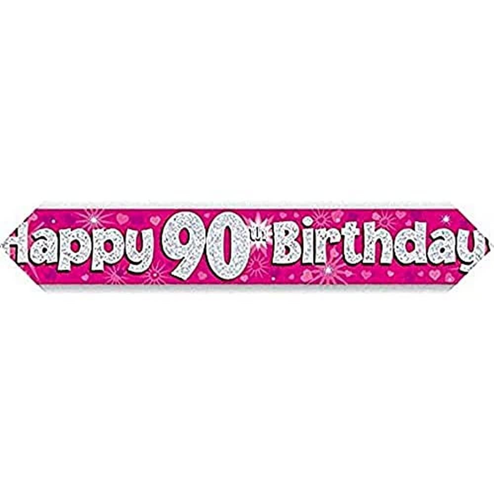9ft Banner Happy 90th Birthday Pink Holographic