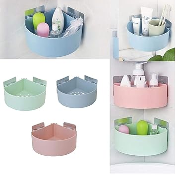 HOME CUBE Multipurpose Kitchen Bathroom Strong Suction Shelf Wall Holder Storage Rack (Random Color, 18x18x7.5 cm) - 3Pc